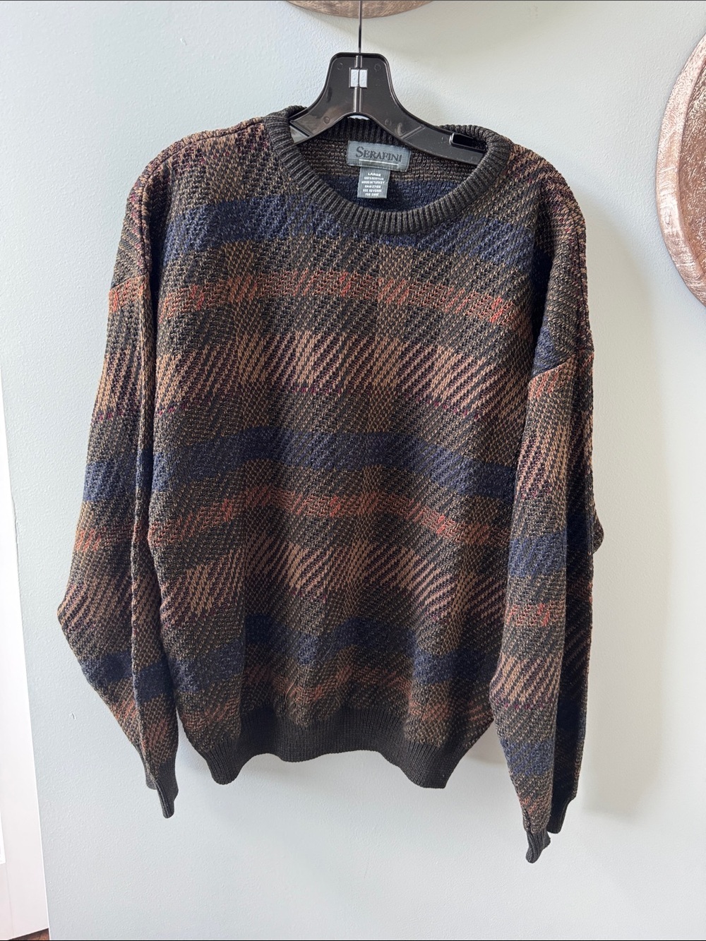 Serafini Brown & Navy Patterned Crewneck Sweater size L